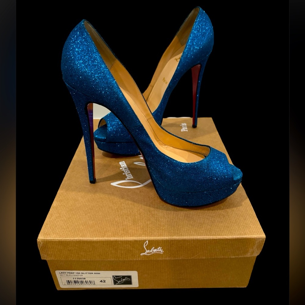 Christian Louboutin Metallic Glitter Lady Peep Toe Platform Pumps.